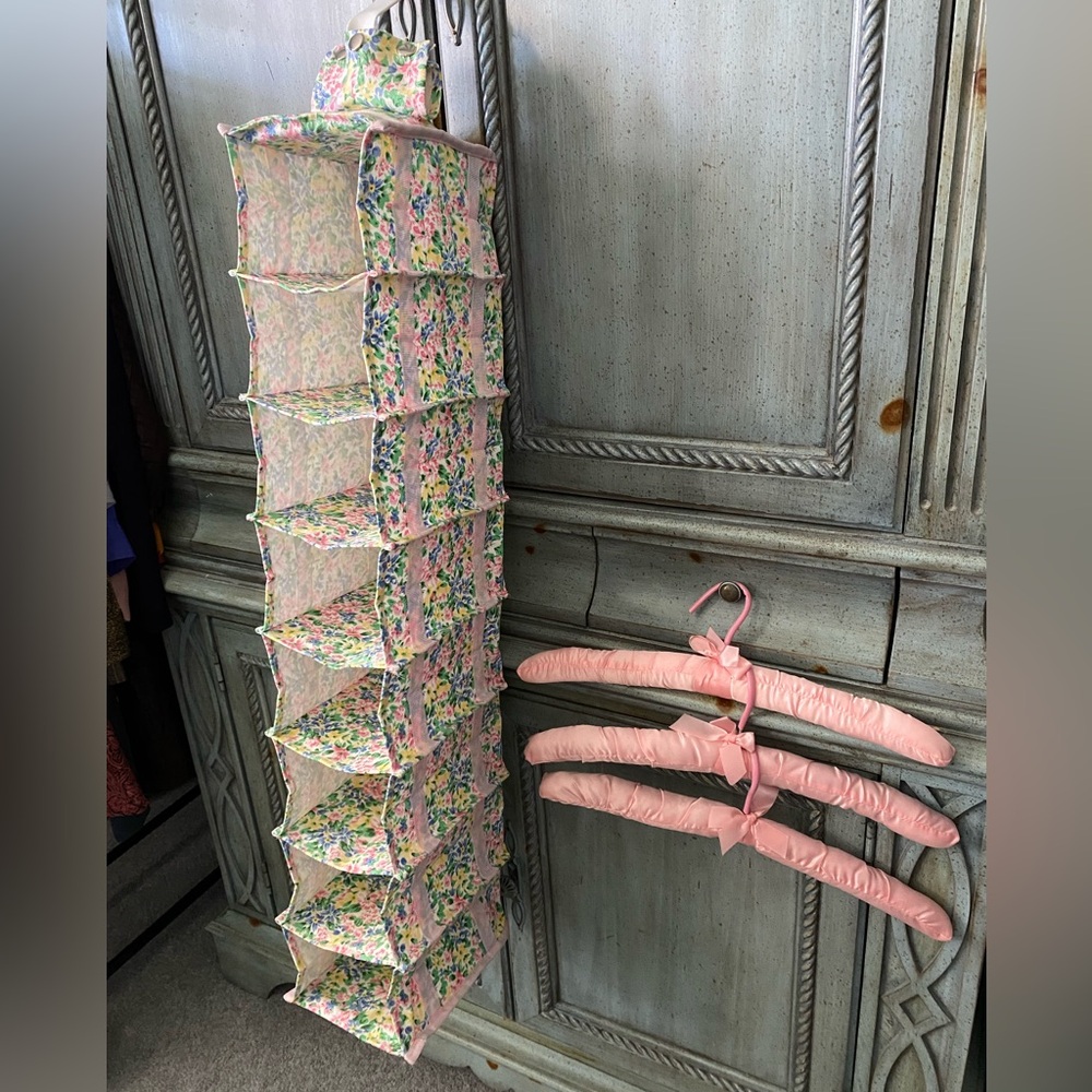 3 pink padded hangers & 1 closet “shoe” caddy (holds 8 pr of shoes, or whatever)